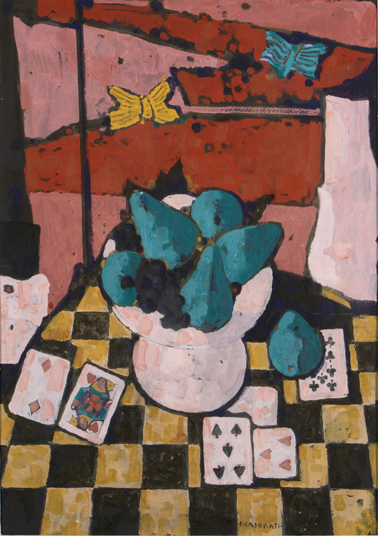 "Fruttiera con carte da gioco e farfalla" (dipinto), Casorati Felice (1959)